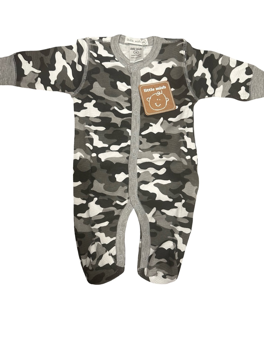 NWT Little Mish Gray Camo Newborn Baby One-Piece Footed Romper